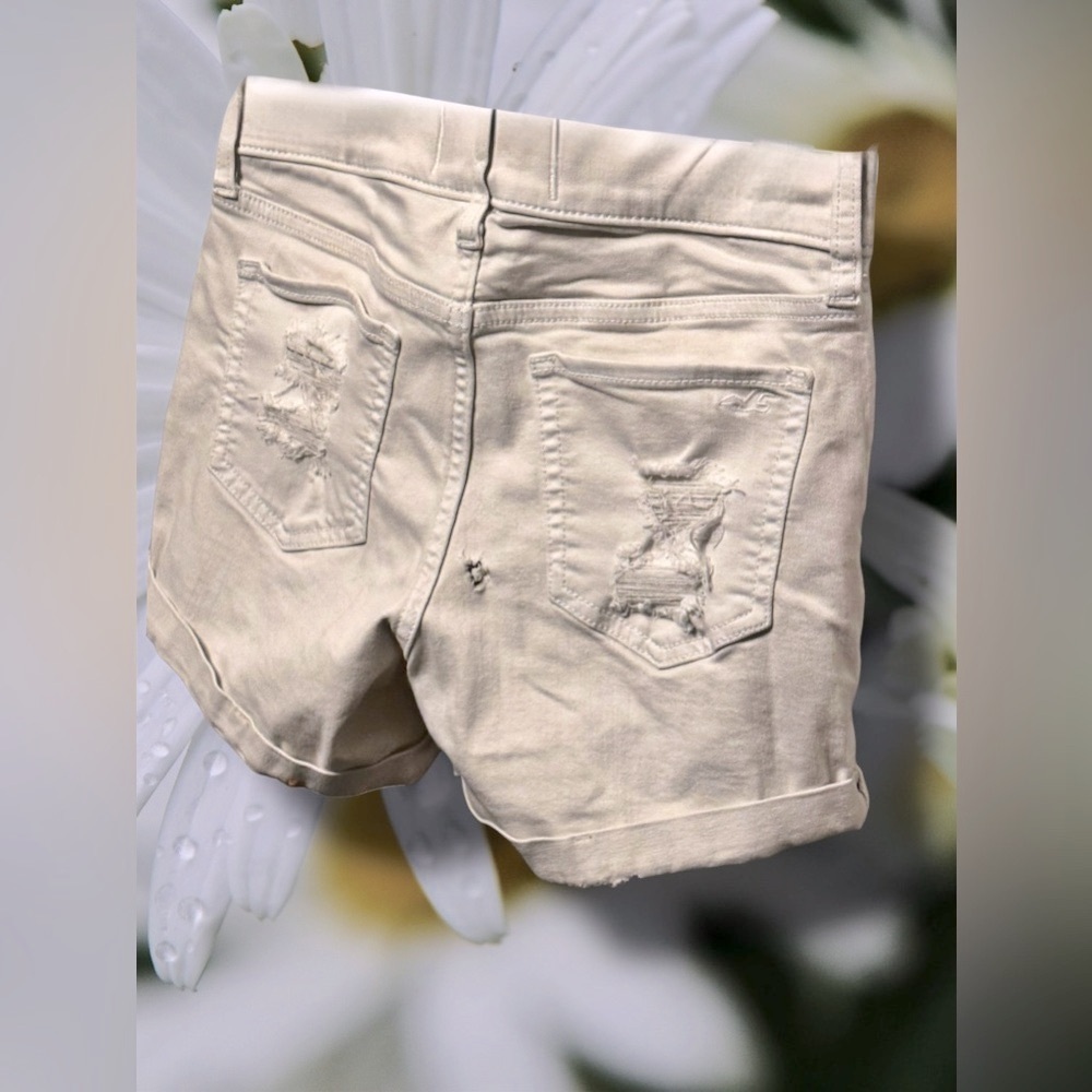 Hollister Cream Jean Shorts Distressed Mid-Length - Picture 3 of 4
